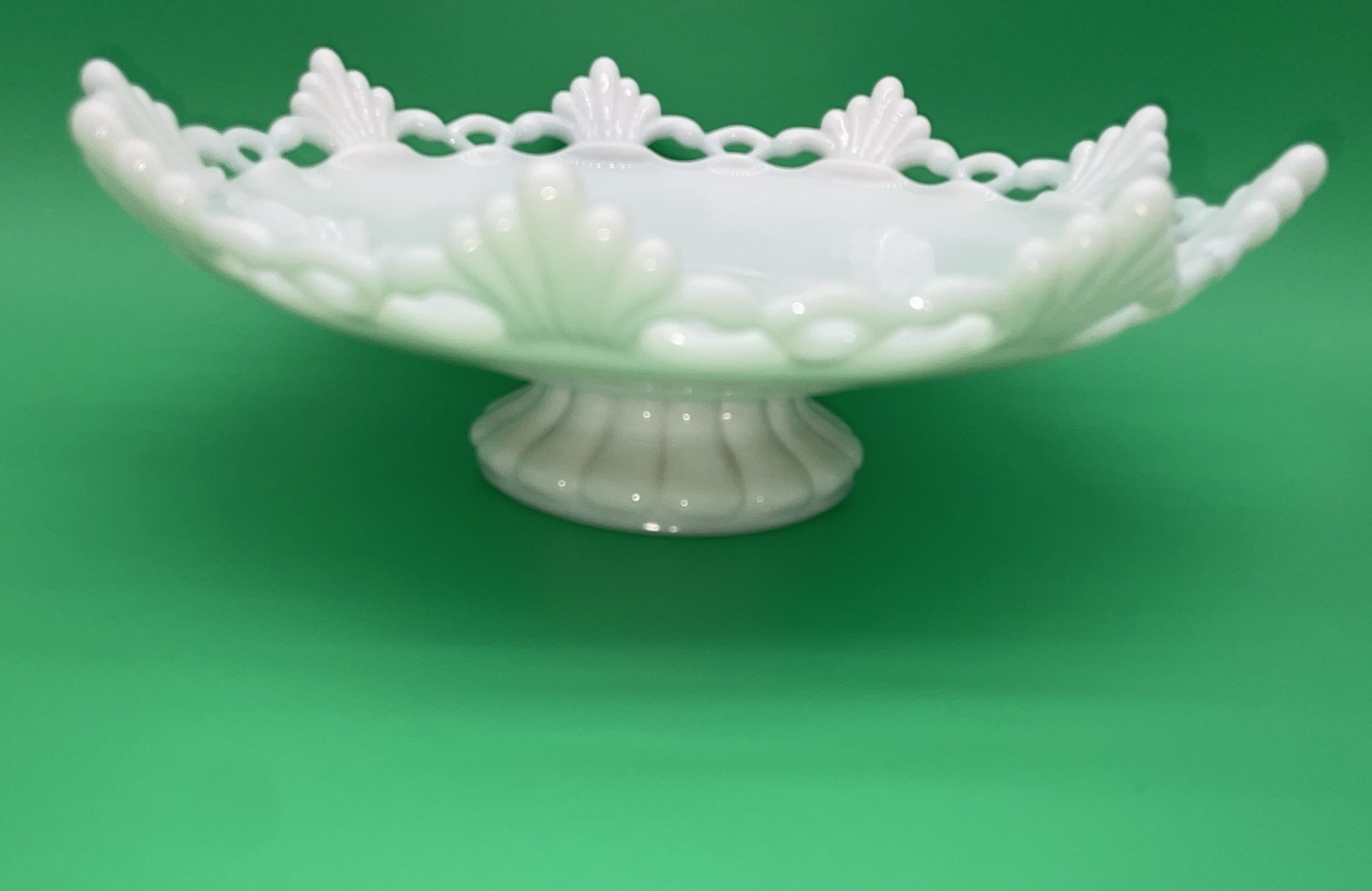 Milk Glass Pedestal Bowl 10” Lace Edge Pedestal Trim Vintage 3” Tall Fruit Dish