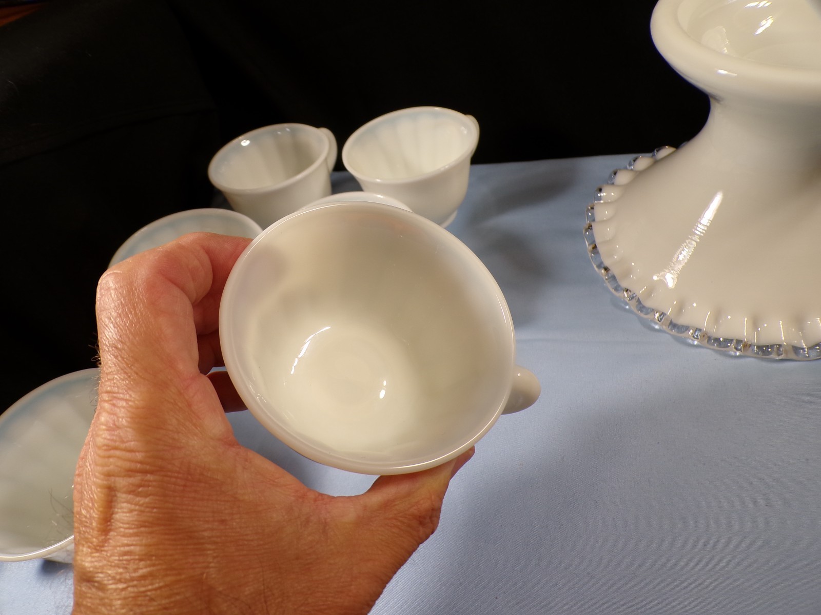 Very Large Fenton Milk Glass Silver Crest Punch Bowl Set w/ Stand & 12 Cups