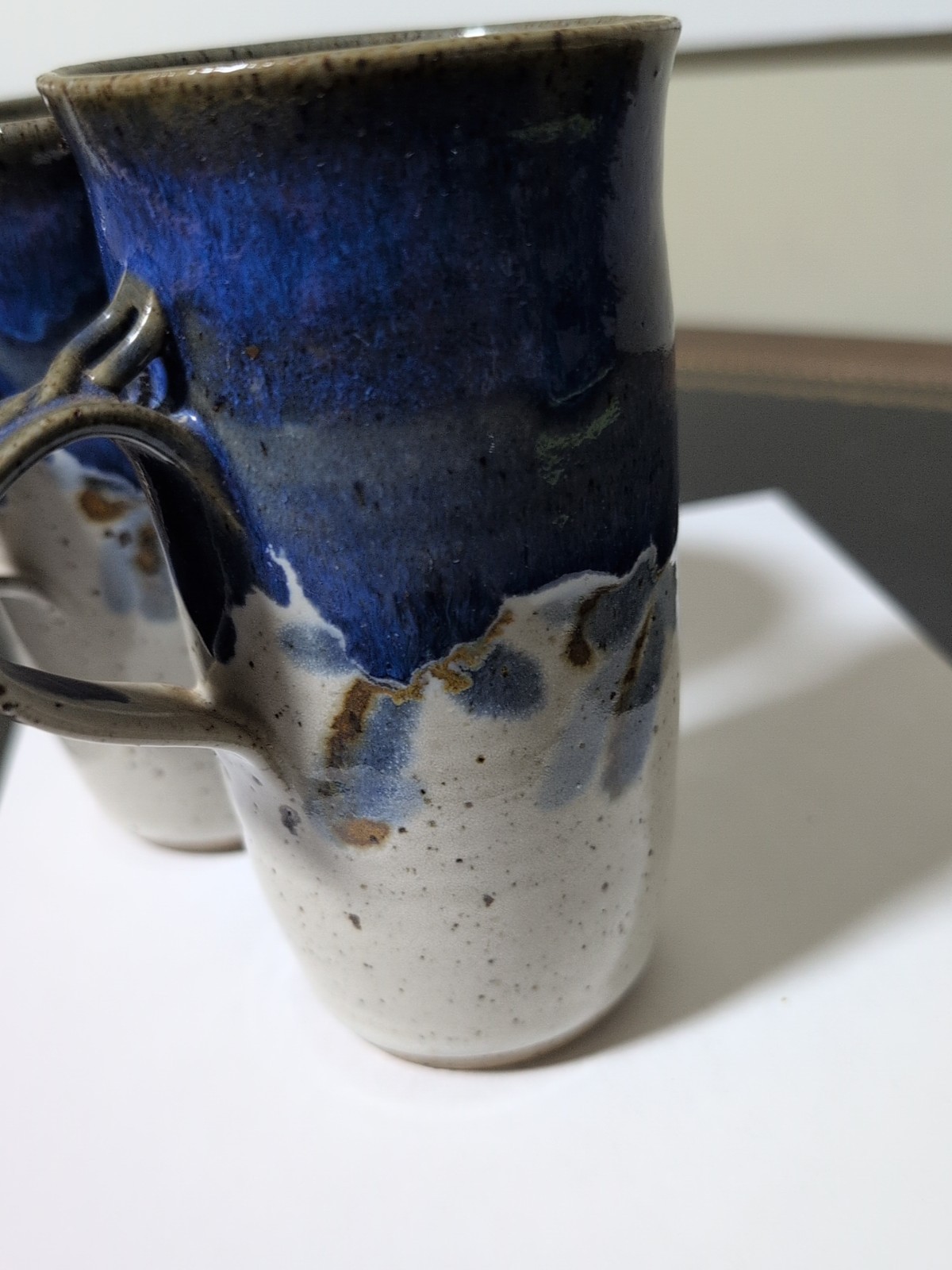 Studio Art Pottery Mugs Blue,Tan, Gray, Signed 1986 Glazed! Lot Of 2
