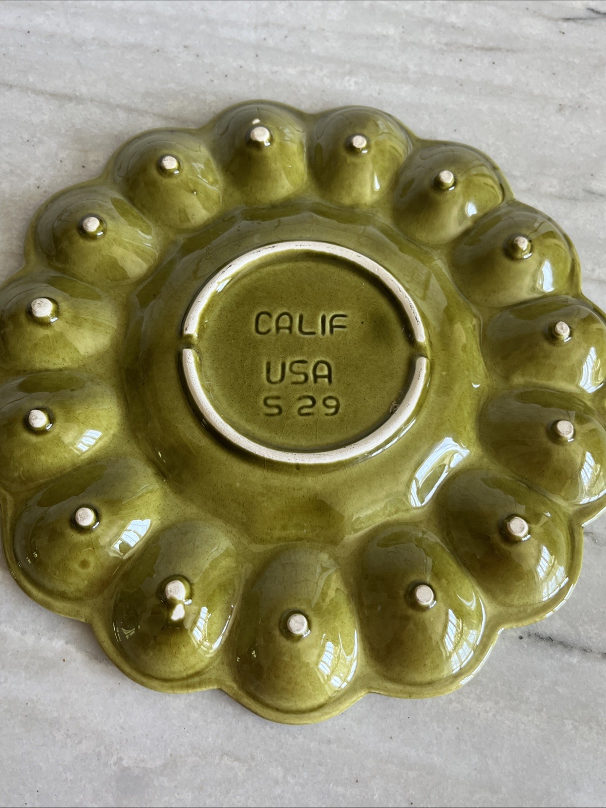 Vtg. California Pottery Deviled Egg Platter Olive Green Hen Chicken S29 USA