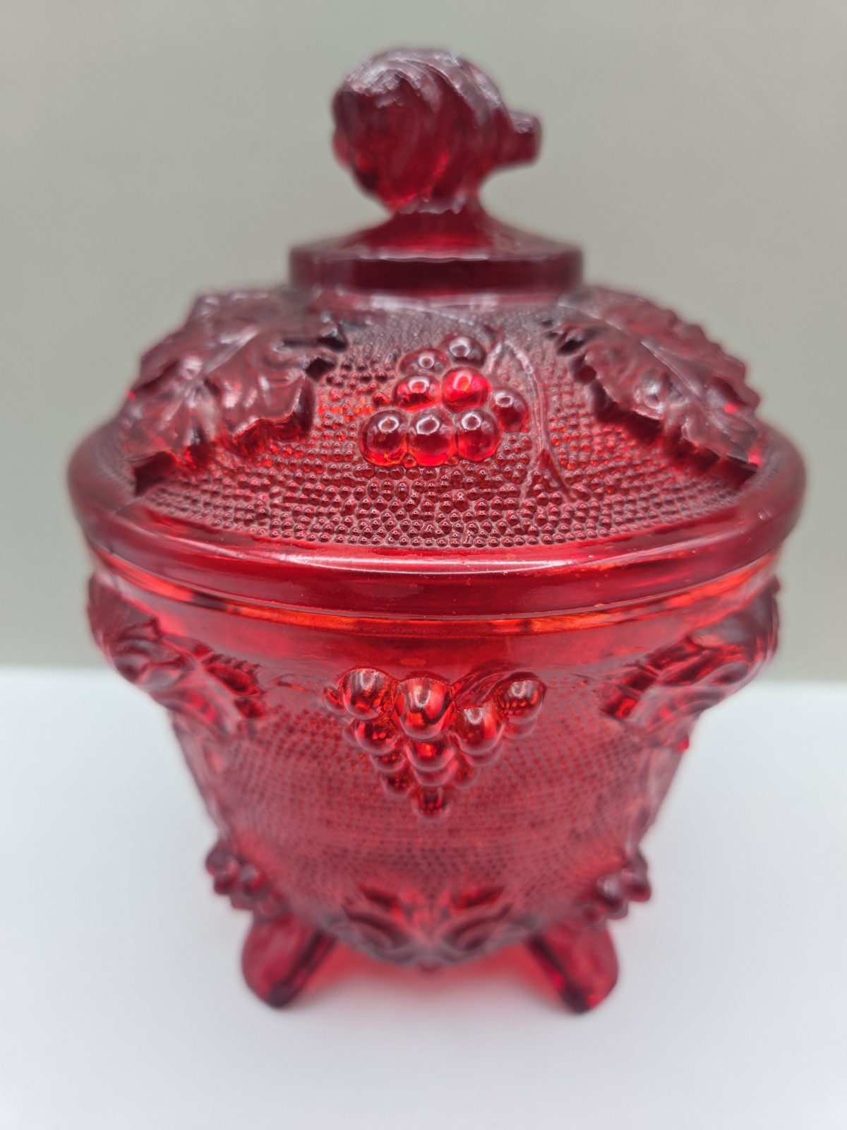 Vintage Jeanette Ruby Red Pressed Glass Harvest Grape Footed Candy Dish With Lid