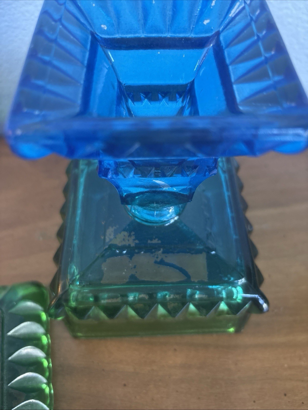 Vintage Jeannette Green to Blue Flashed Glass Compote Candy Dish