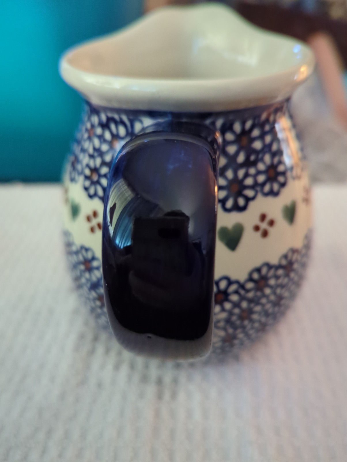 Boleslawiec Polish Pottery Hearts, Blue & White 24 Oz. Milk/Water Pitcher 5.25″