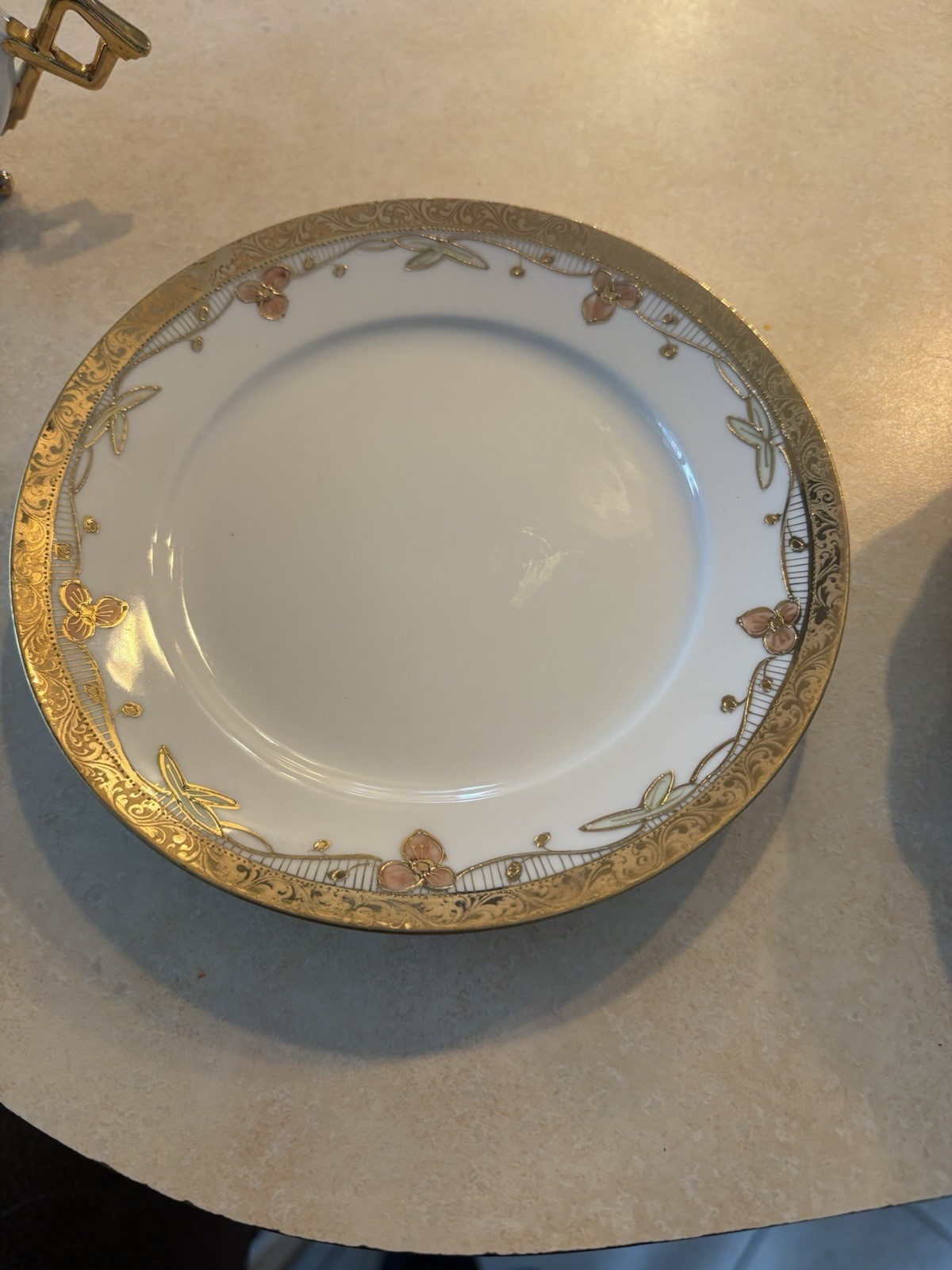 Porcelain Tea Cup & Saucer Floral Gold Trim Glossy White Pink Green Two-Piece