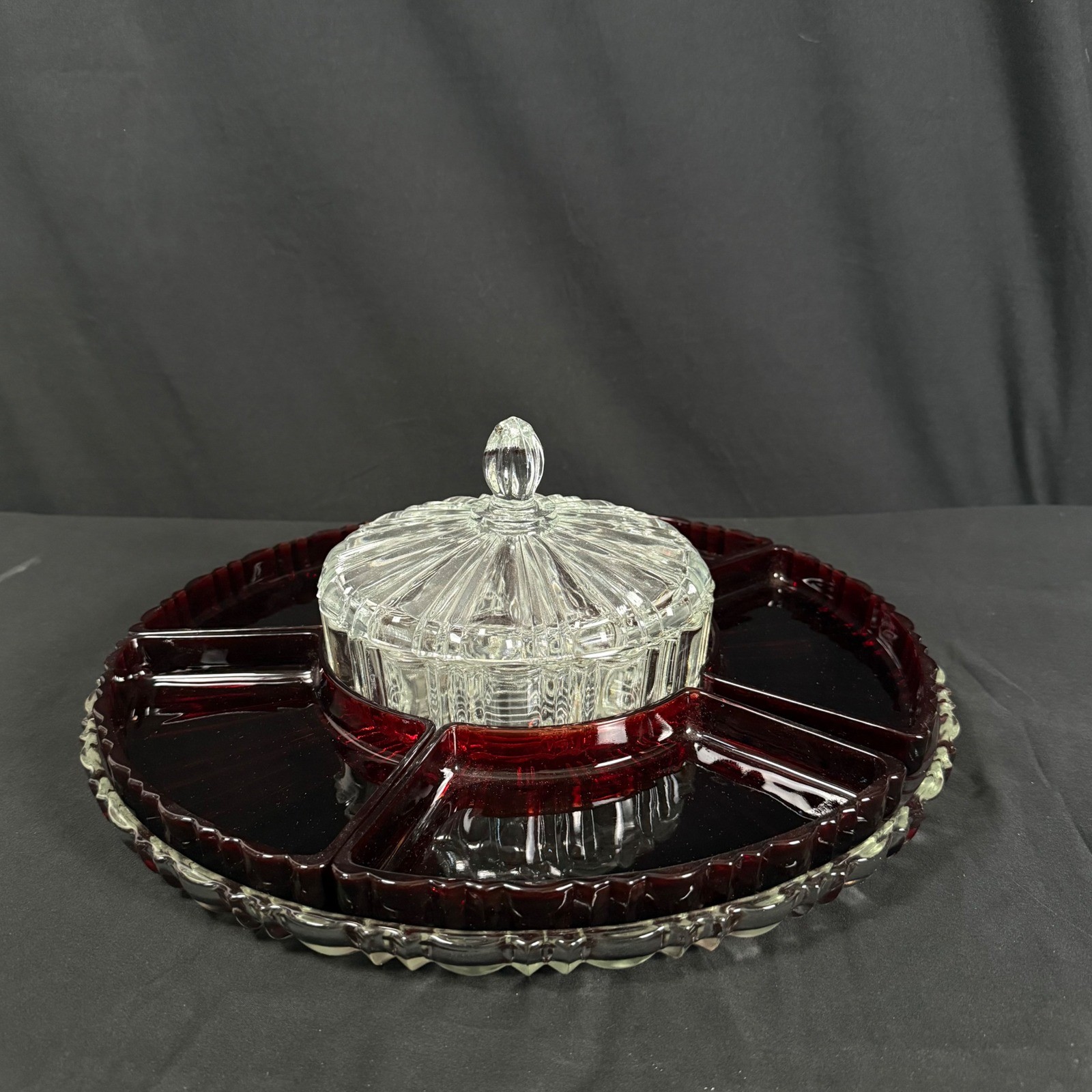 Anchor Hocking Old Cafe Royal Ruby Red Glass 8pc Lazy Susan Relish Tray VTG 30s