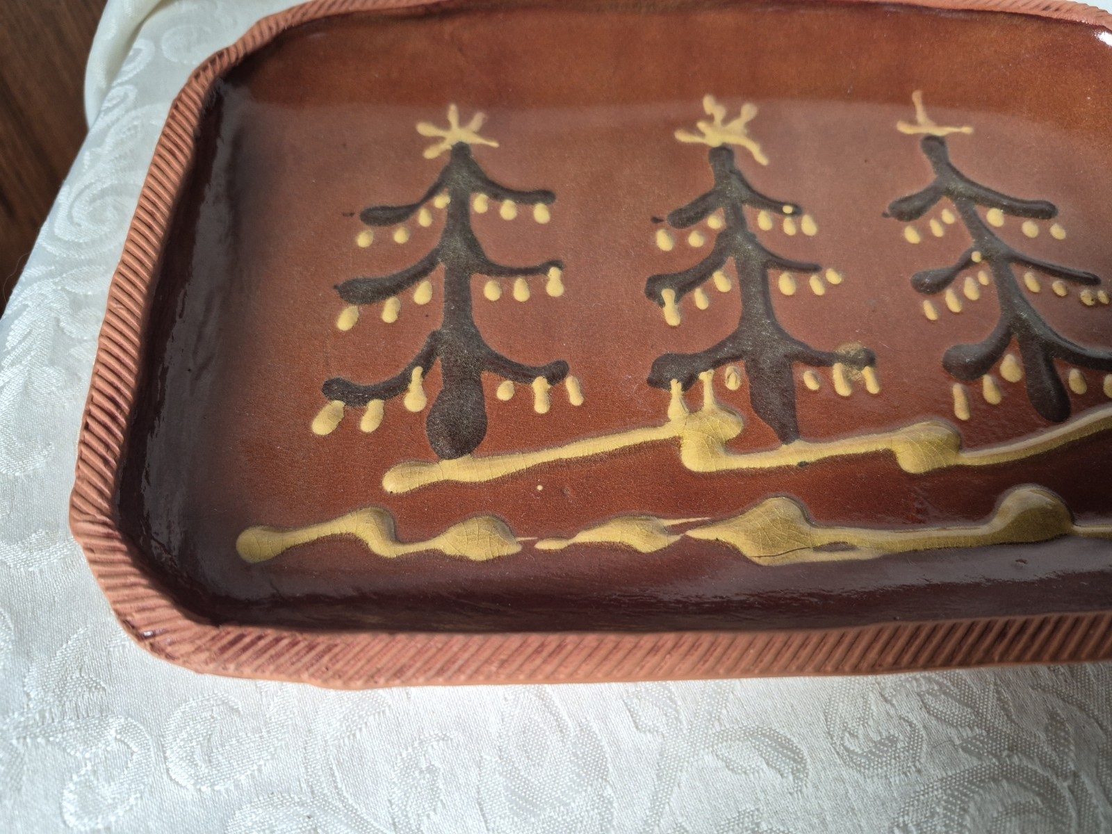 Rare sgd Bullard Pottery MA Red Clay Slipware Pottery Christmas Tree Plate Wow!