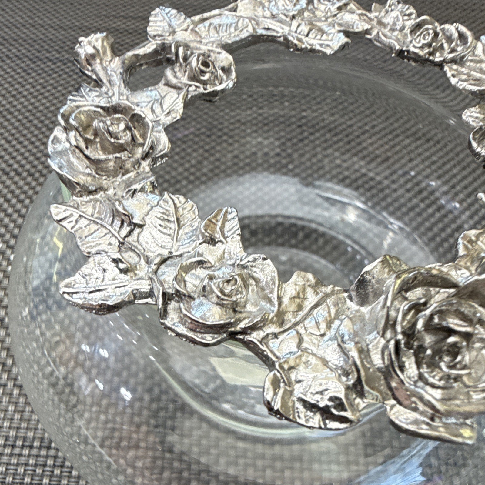Clear Glass Round Bowl 5 in Floral Pattern Silver-Tone Metal Rim Decorative