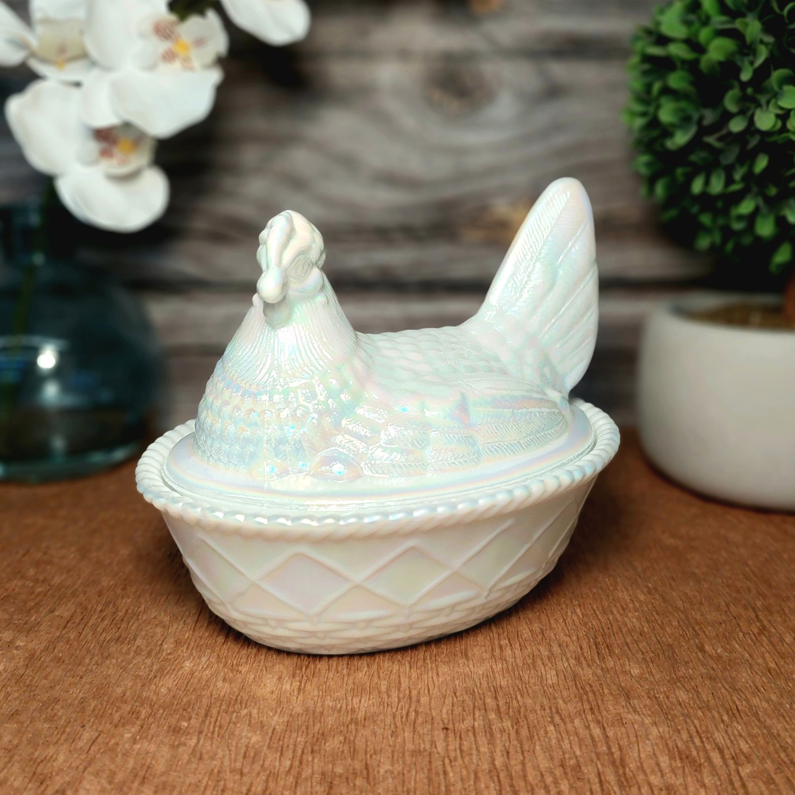 Pearl Carnival Glass Hen on Nest Chicken Candy Dish, Depression Style, VTG Decor