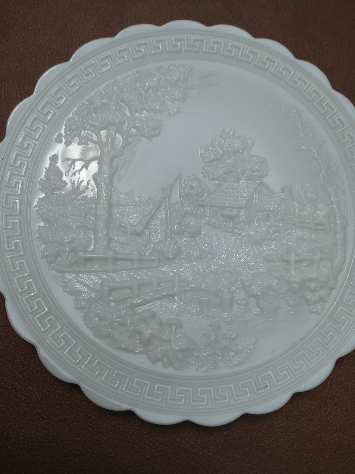 Vintage White Milk Glass Round Serving Plate/ Cake Plate Cabin Scenic Footed