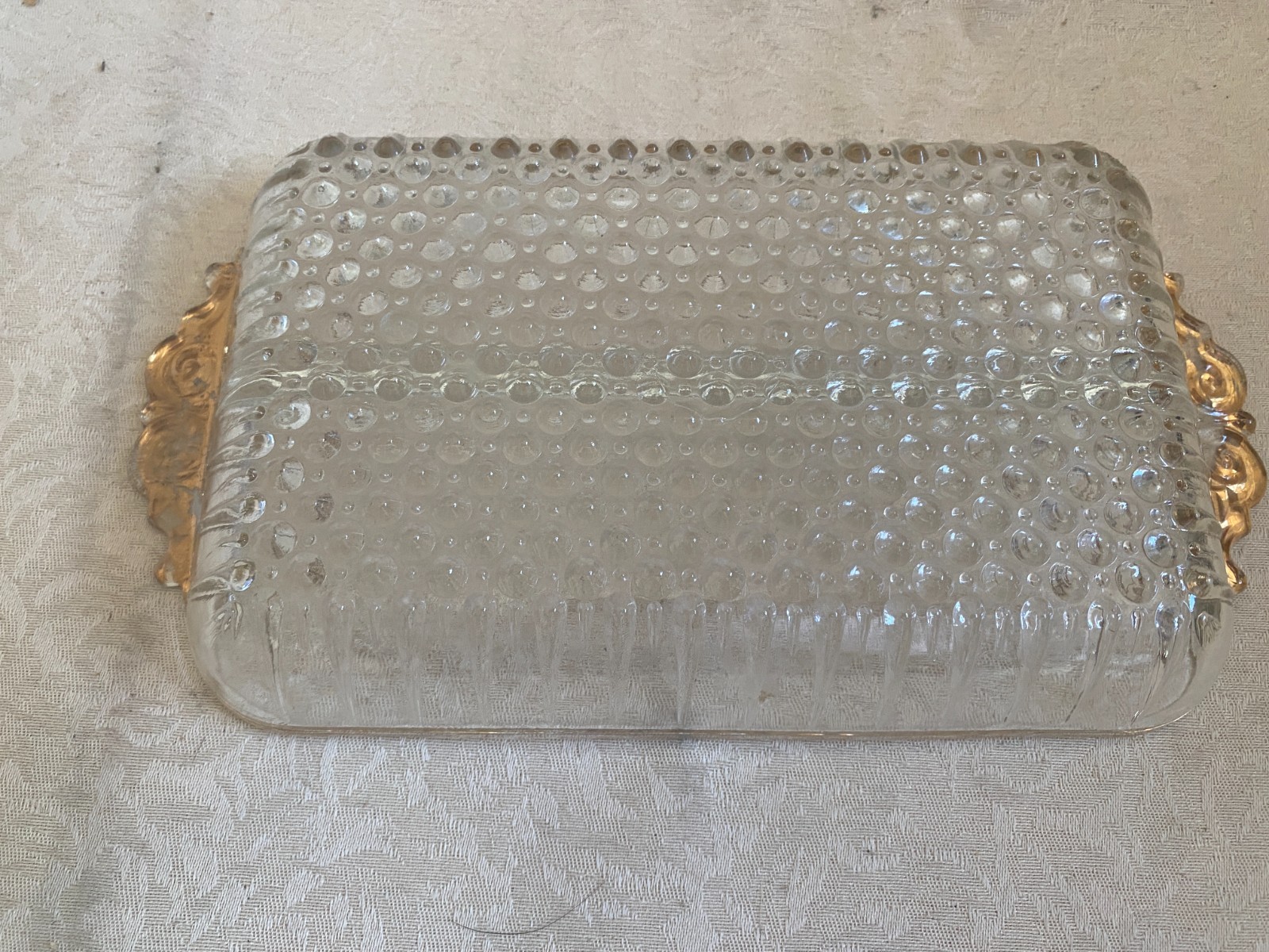 Vintage Clear Glass Rectangular Platter Tray Gold Trim Handles Diamond Pattern