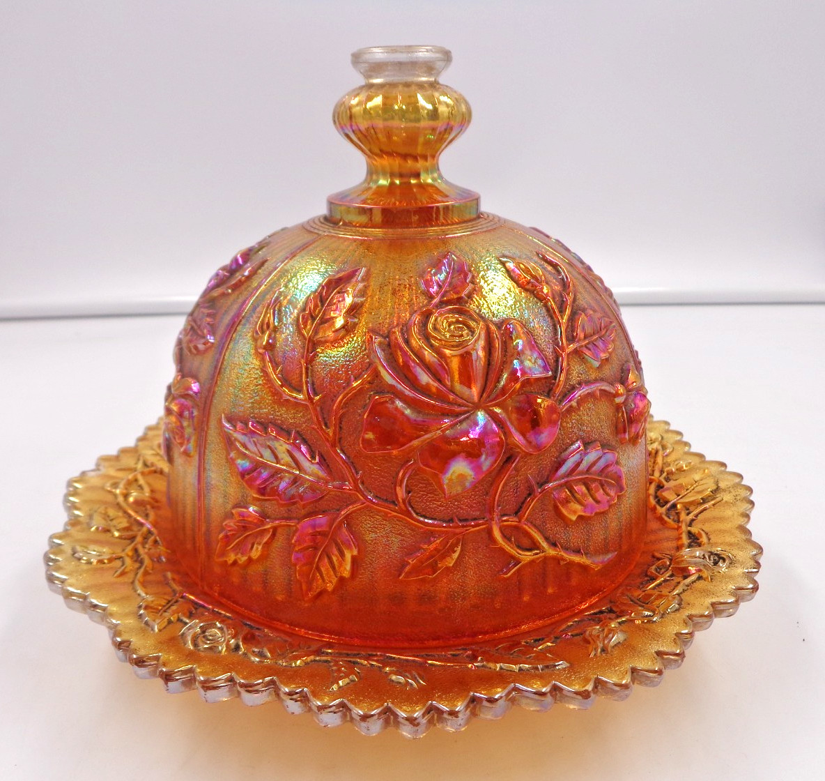 Imperial Carnival Glass Dome Lid Butter Dish Marigold Open Rose Pattern