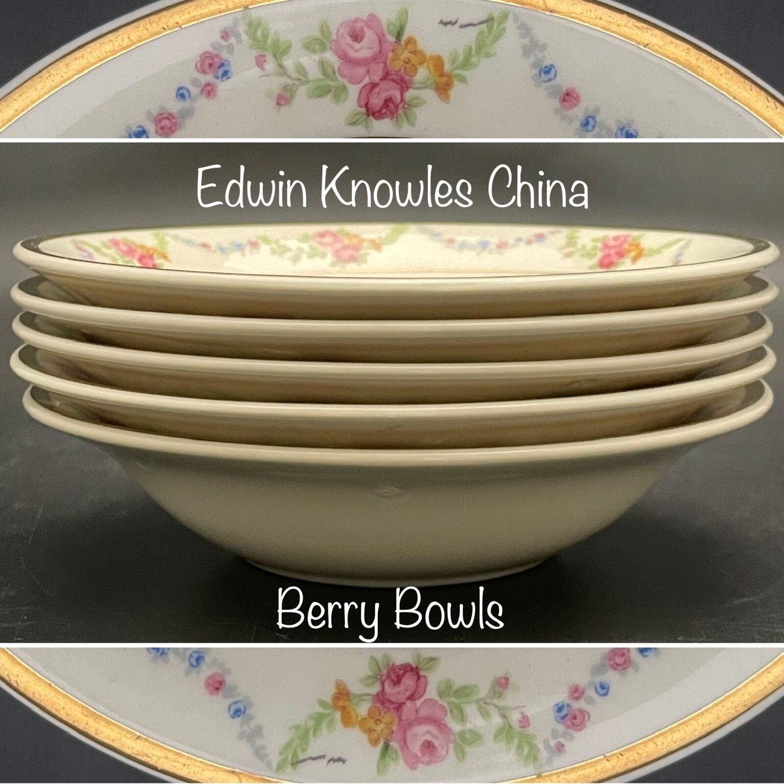 Edwin Knowles Rose Garland Berry Bowls 5 Piece Set Made in USA 5.25″ diameter